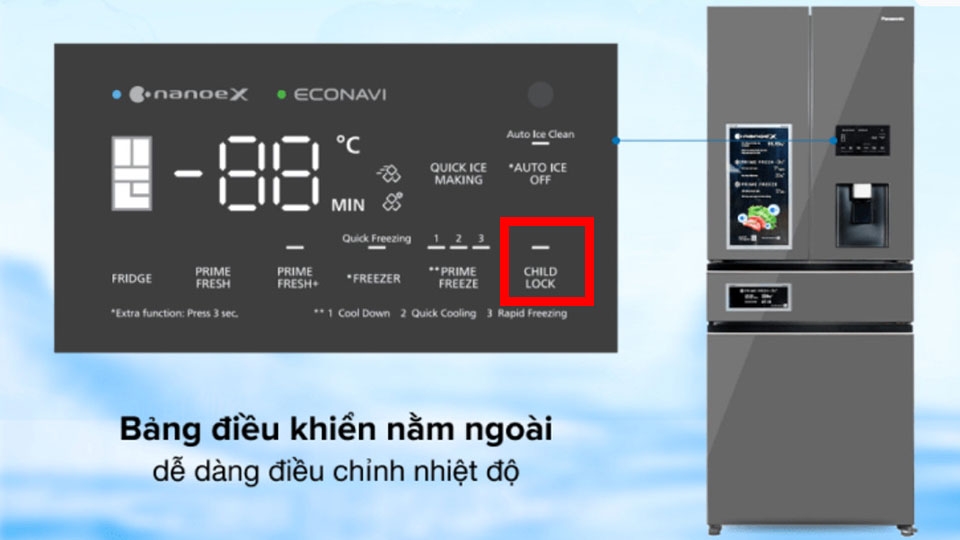 Khoá trẻ em được thiết kế trên bảng điều khiển tủ lạnh