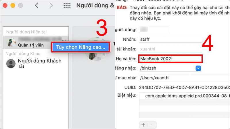 Chọn mục Tuỳ chọn Nâng cao, sau đó đổi tên ở mục Họ và tên