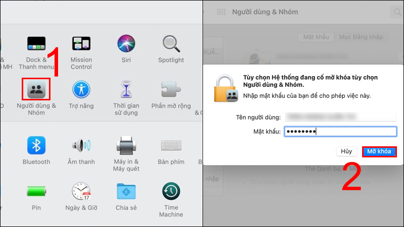 Vào Người dùng và Nhóm, chọn biểu tượng ổ khóa, nhập mật khẩu vào rồi chọn Mở khóa