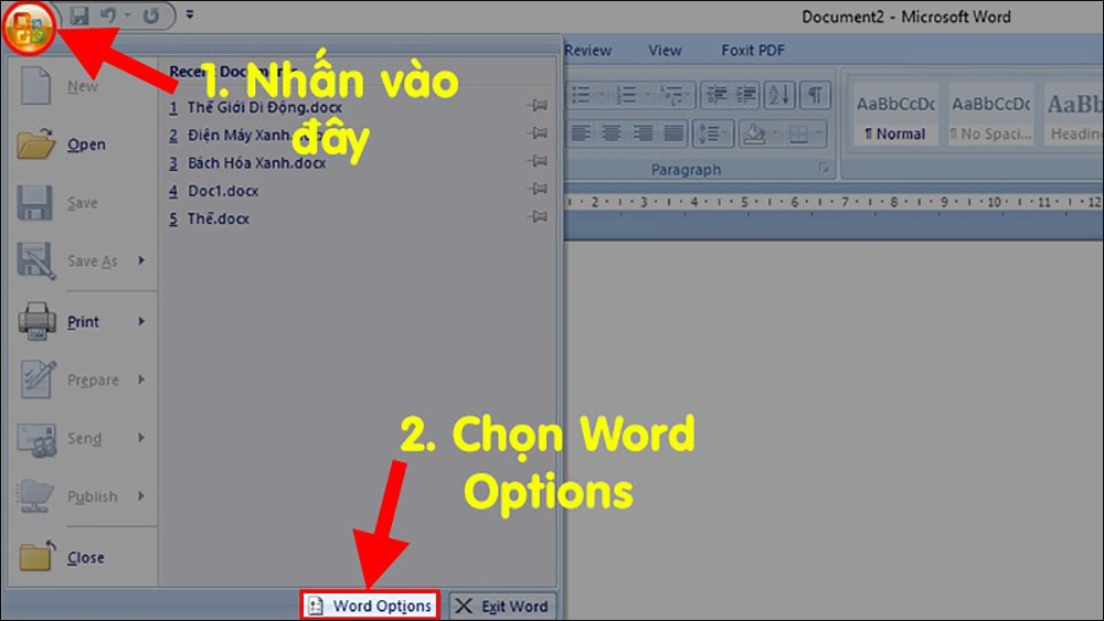 Chọn vào mục Word Options