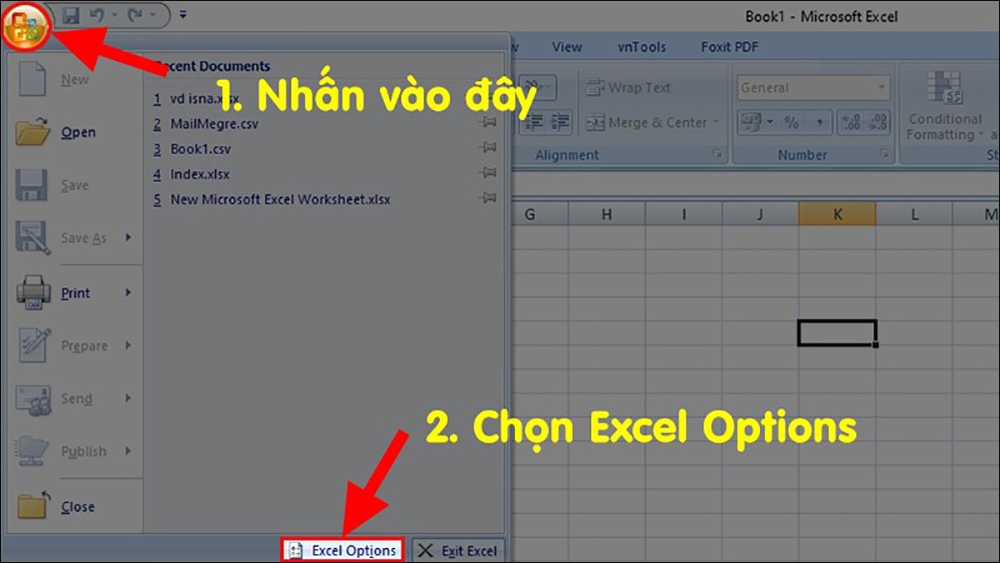 Nhấn vào mục Excel Options