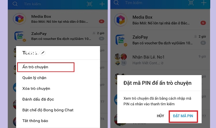 Nhấn vào Ẩn trò chuyện và chọn Đặt mã PIN
