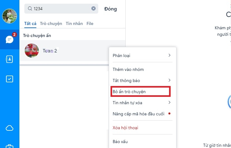 Bỏ ẩn tin nhắn Zalo trên máy tính