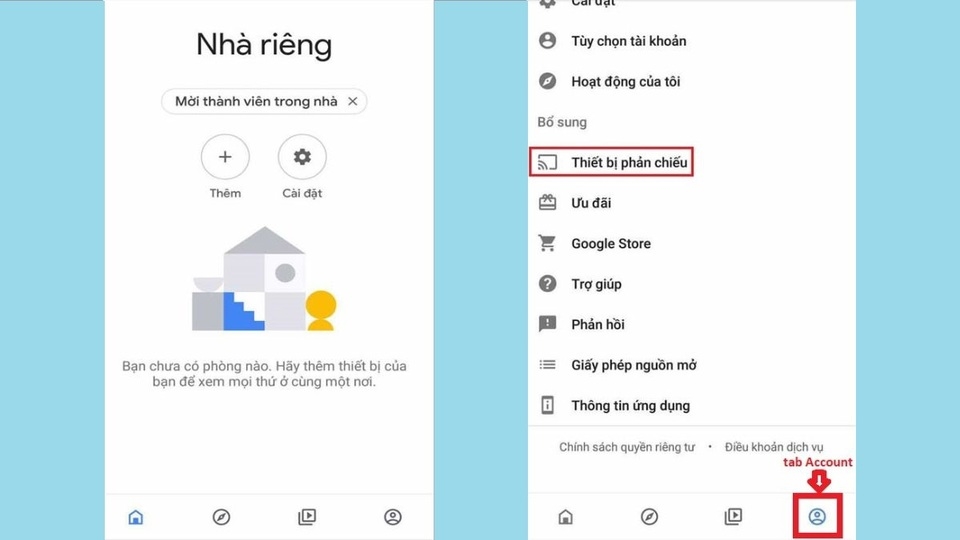 Nhấn chọn mục “Thiết bị phản chiếu” tại tab Account