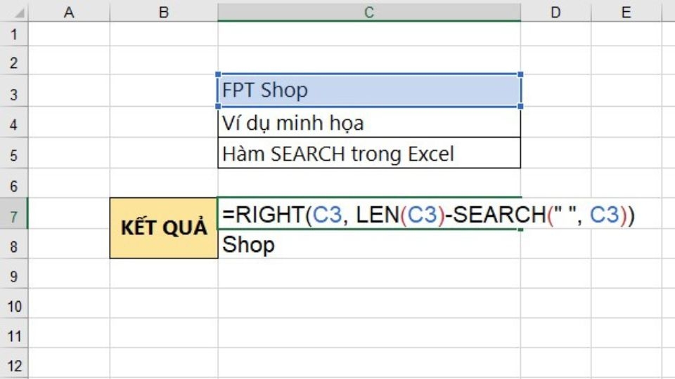 Hàm SEARCH kết hợp hàm LEN