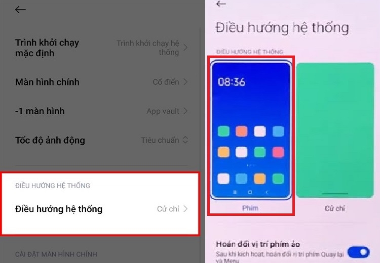Chọn Điều hướng hệ thống và nhấn Phím