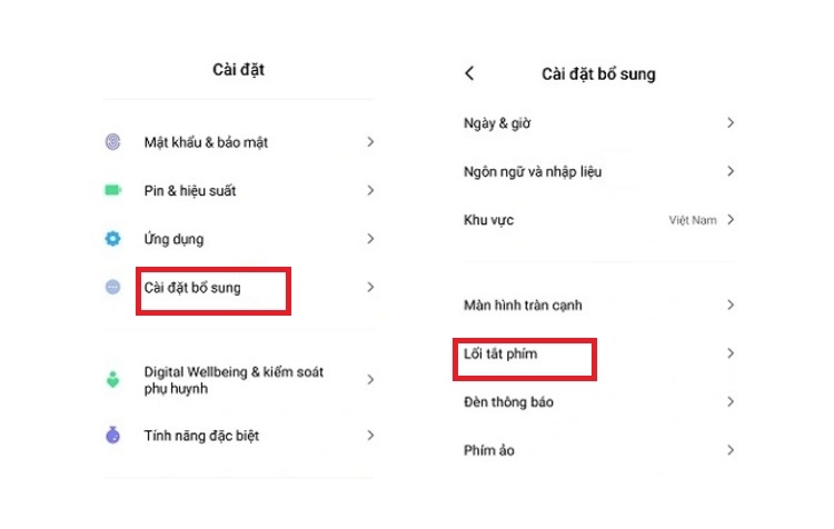Chọn Cài đặt bổ sung và nhấn Lối tắt phím