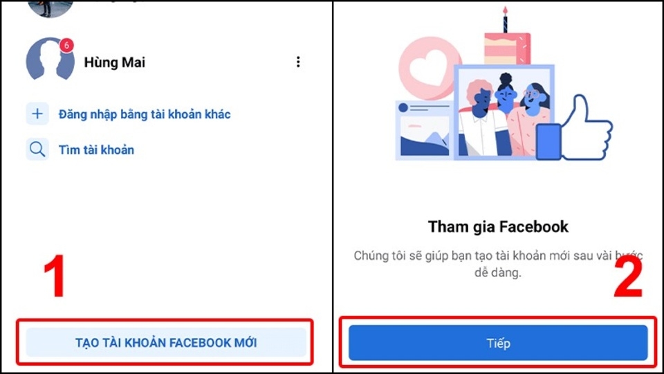 Nhấn chọn “Tạo tài khoản Facebook mới”