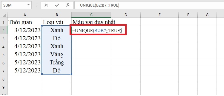 Nhập công thức UNIQUE