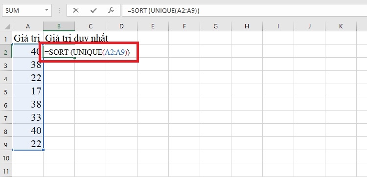 Nhập công thức kết hợp giữa SORT và UNIQUE