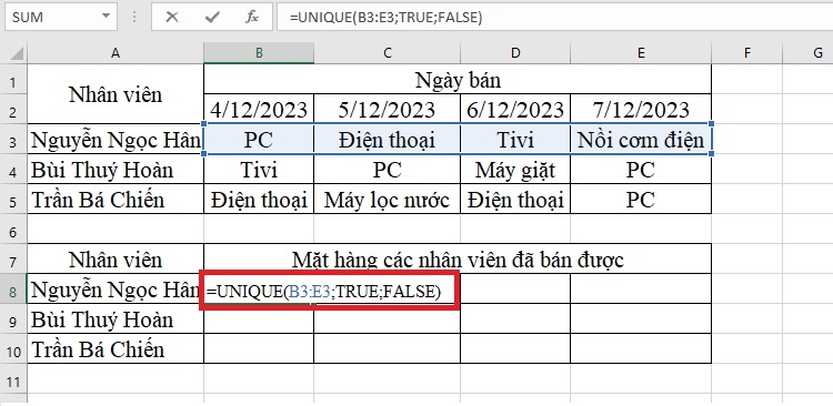 Nhập công thức UNIQUE