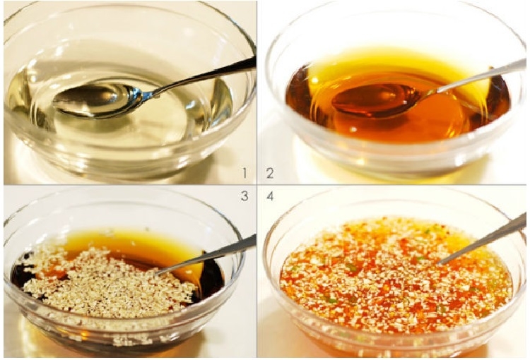 Mixing the fish sauce dressing for chicken salad in a small bowl