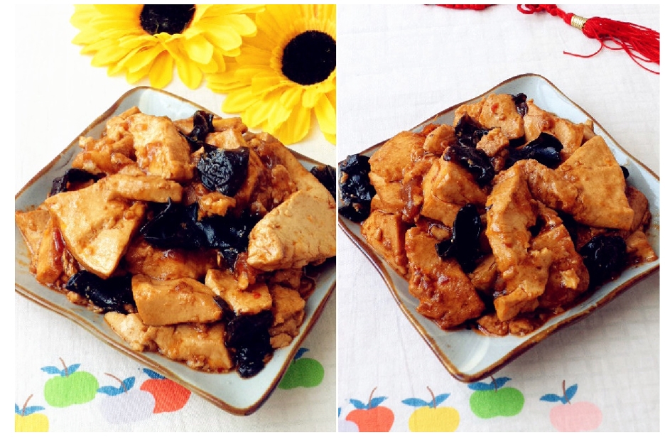 Xào nấm mèo cùng đậu hũ với các gia vị và đổ ra đĩa