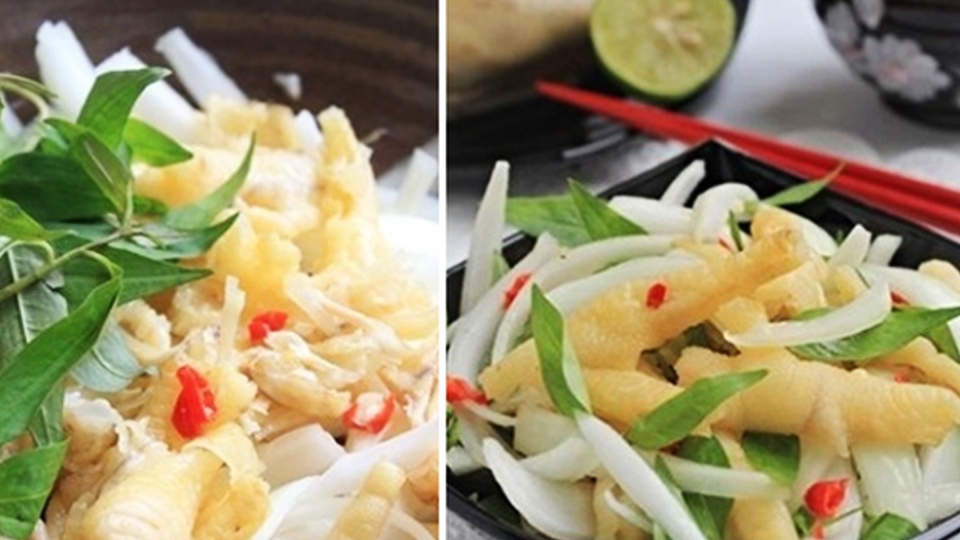 Gỏi chân gà rút xương hành tây dai giòn, ngọt mát thêm chút the cay đậm vị.