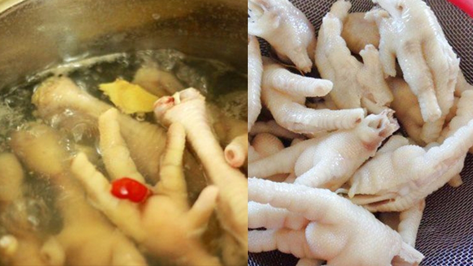 Chế biến sơ qua và luộc chân gà.