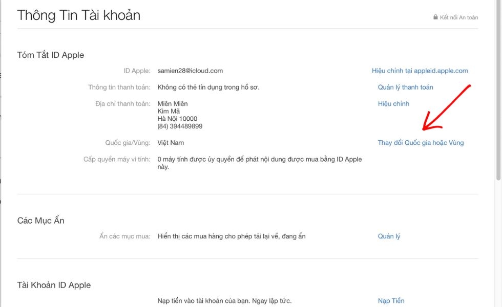 Thay đổi Quốc gia hoặc Vùng