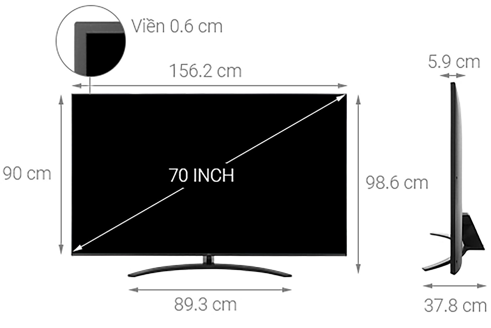 1. Kích thước cơ bản của tivi 70 inch