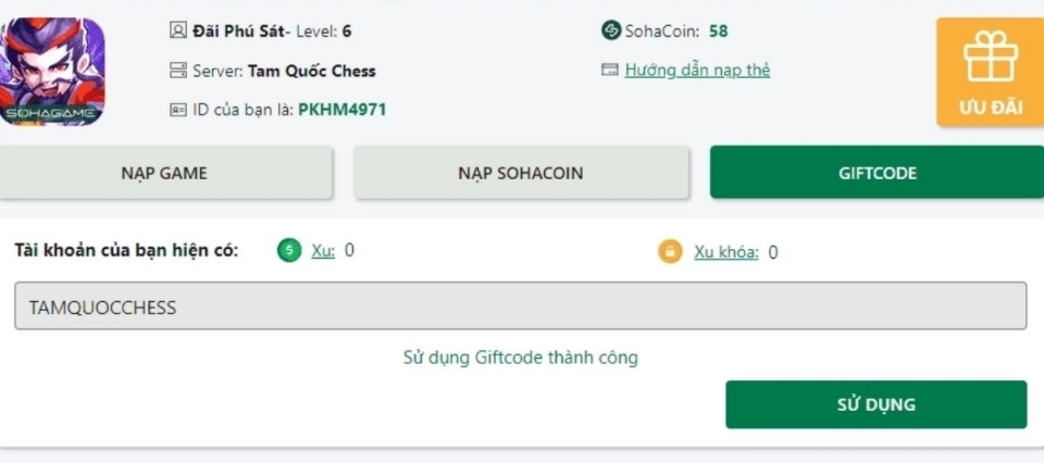 Nhập code và nhấn “Sử dụng”