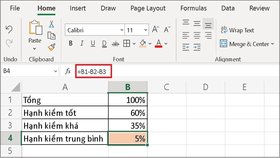 Nhập công thức như sau: = B1-B2-B3