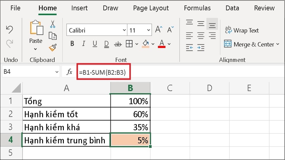 Nhấn nút Enter thì ô tính B4 sẽ hiện ra kết quả