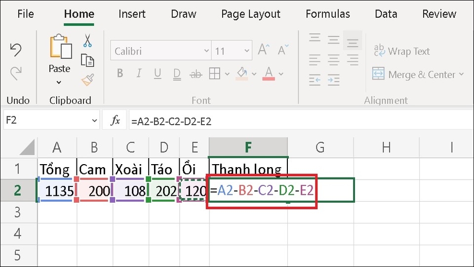 Cần nhập công thức cụ thể là “=A2-B2-C2-D2-E2