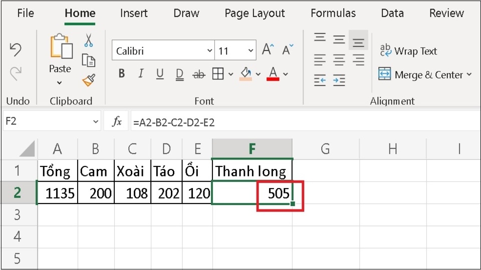 Nhấn Enter thì ô tính F2 sẽ hiển thị kết quả số trái Thanh long