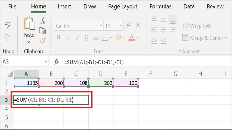 Công thức được thực hiện sẽ là =SUM(A1;-B1;-C1;-D1;-E1)