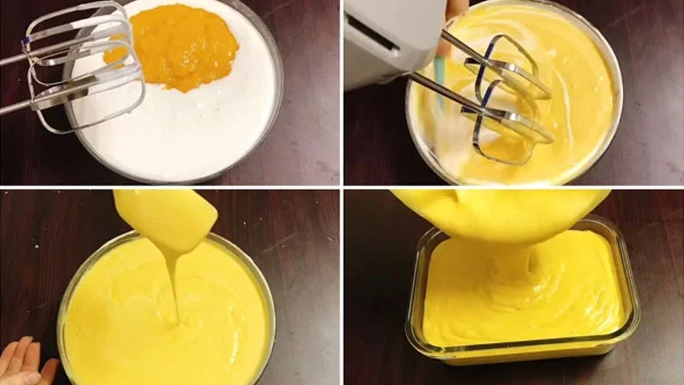 Trộn xoài xay cùng whipping cream.