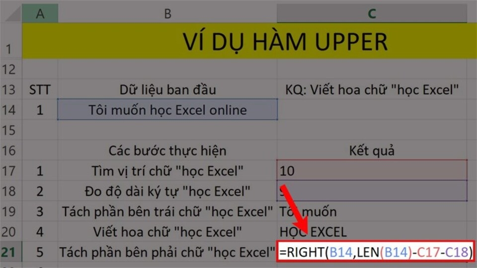 Nhập cú pháp =RIGHT(B14,LEN(B14)-C17-C18) vào ô tính