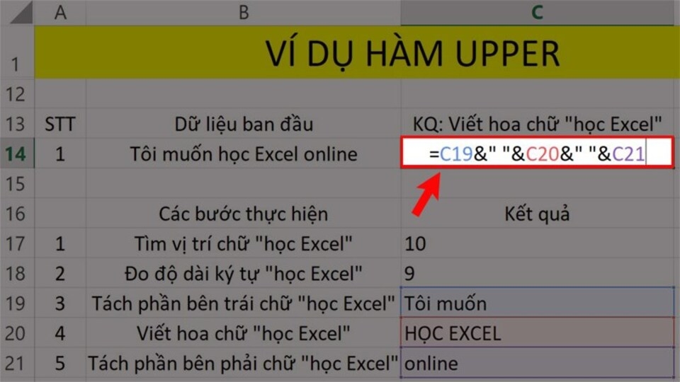 Nhập cú pháp =C19&" "&C20&" "&C21 vào ô tính