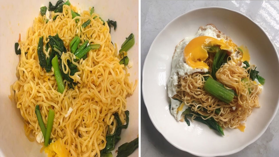 Thành phẩm món mì xào trứng và rau cải