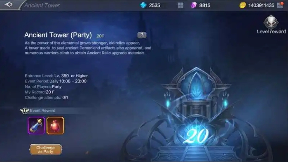 Ancient Tower sẽ được mở khóa khi bạn đạt cấp 350