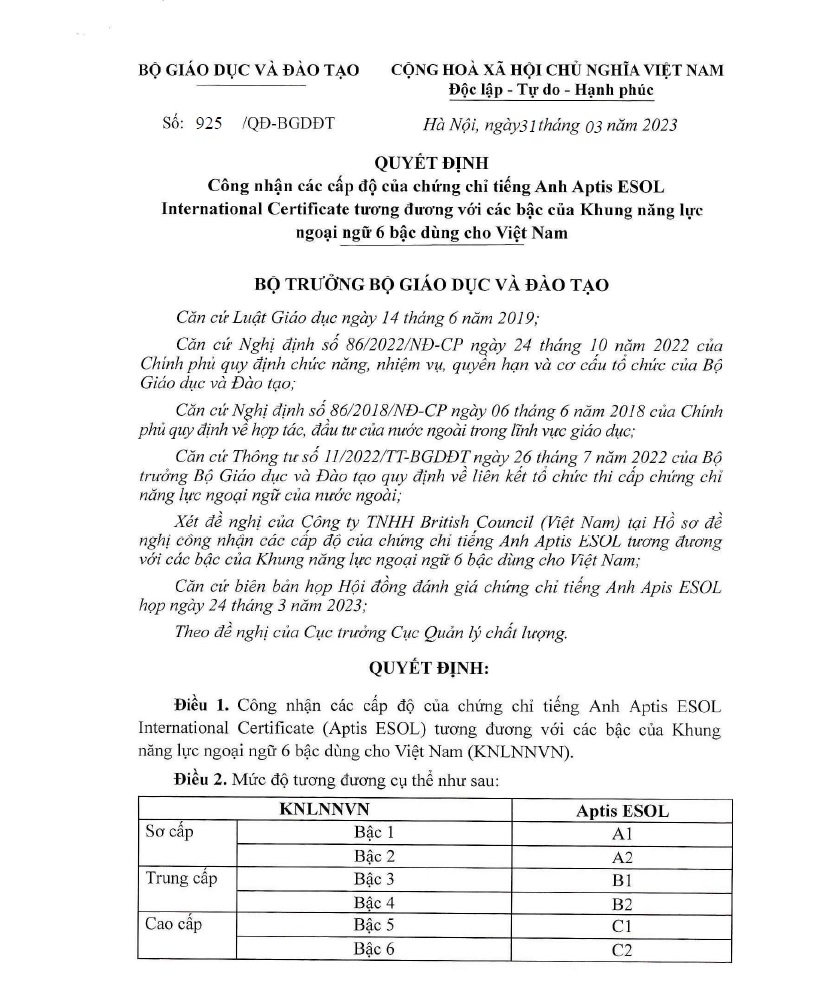 Chứng chỉ APTIS được Bộ Giáo dục Việt Nam công nhận giá trị không?