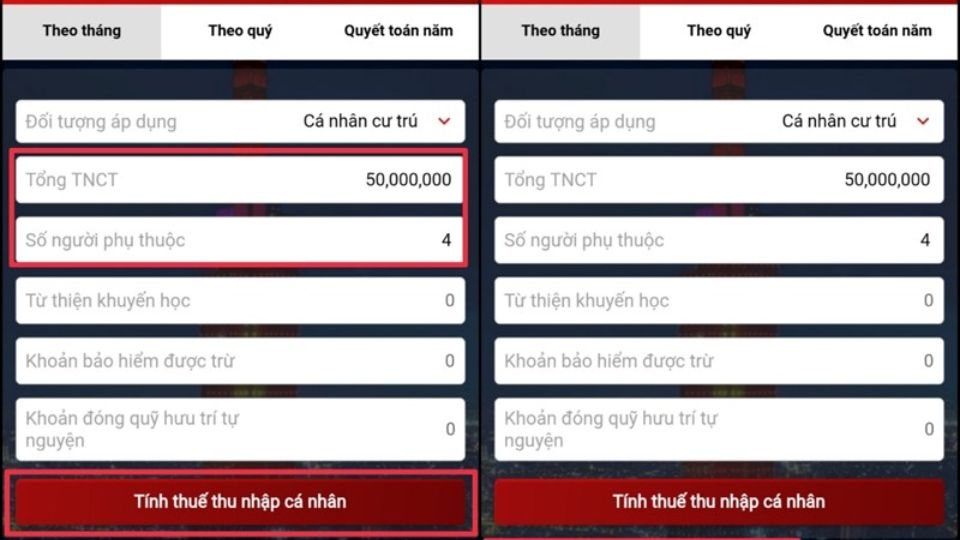 Tiến hành nhập đầy đủ các thông số tiền lương, tiền công để app tính thuế thu nhập cá nhân cho bạn