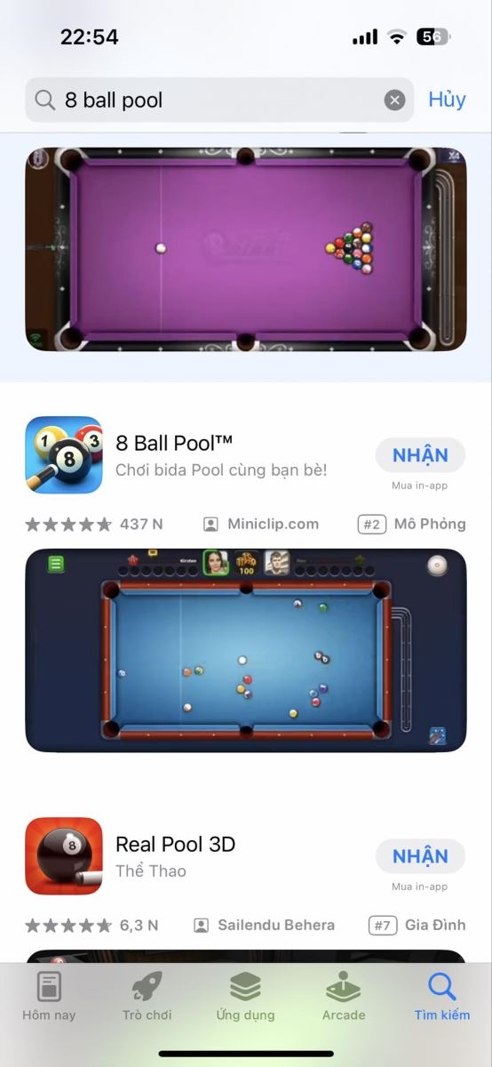 Chọn ứng dụng game "8 Ball Pool" và nhấn vào nút "Tải về"