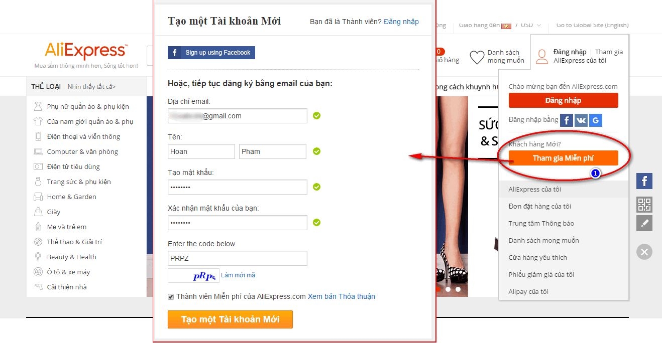 Cách đăng ký tài khoản mới miễn phí trên AliExpress