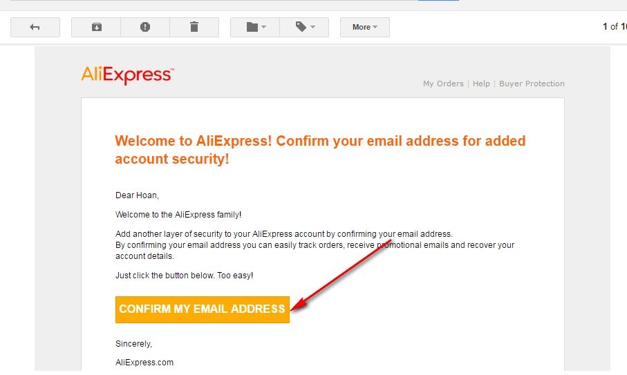 Nhấn xác nhận trong thông báo AliExpress gửi qua email