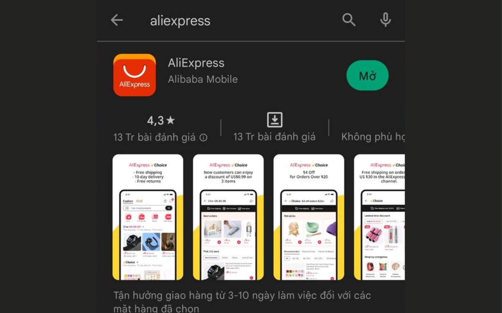 Nhấn nút Mở để truy cập AliExpress