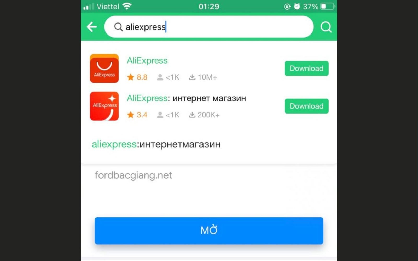 Gõ “AliExpress” để tìm ứng dụng