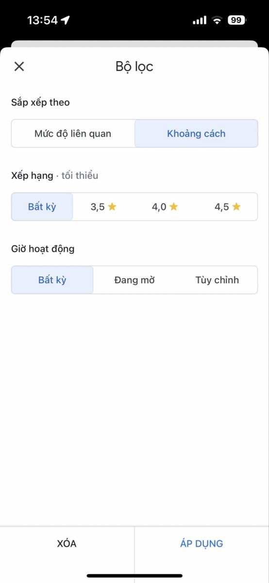 Trong phần Bộ lọc, chọn Khoảng cách
