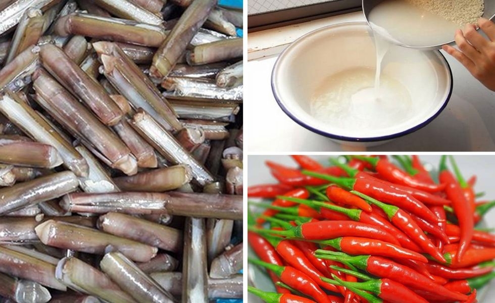 muối, ớt, nước vo gạo ngâm ốc