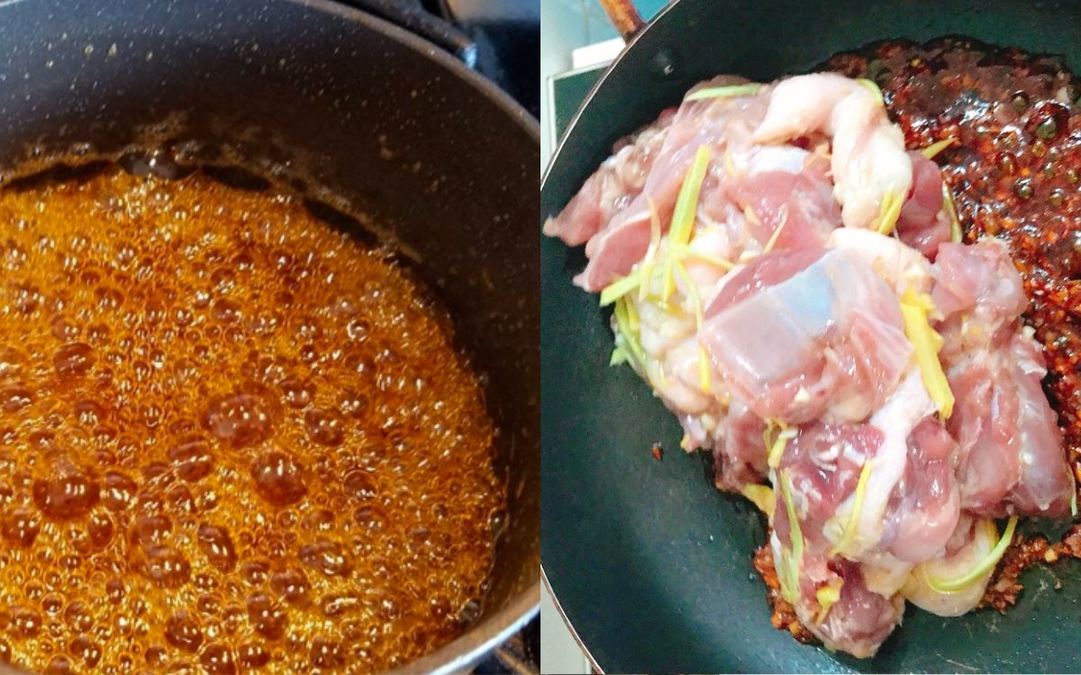 Bước 3: Làm nước màu và xào&nbsp;săn&nbsp;thịt