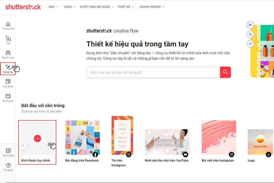 Nhấn chọn mục Sáng tạo > Kích thước tùy chỉnh