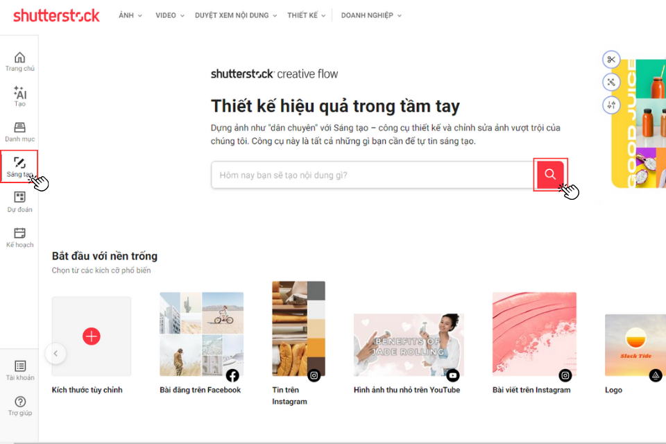 Nhấn chọn mục Sáng tạo  > Tìm kiếm