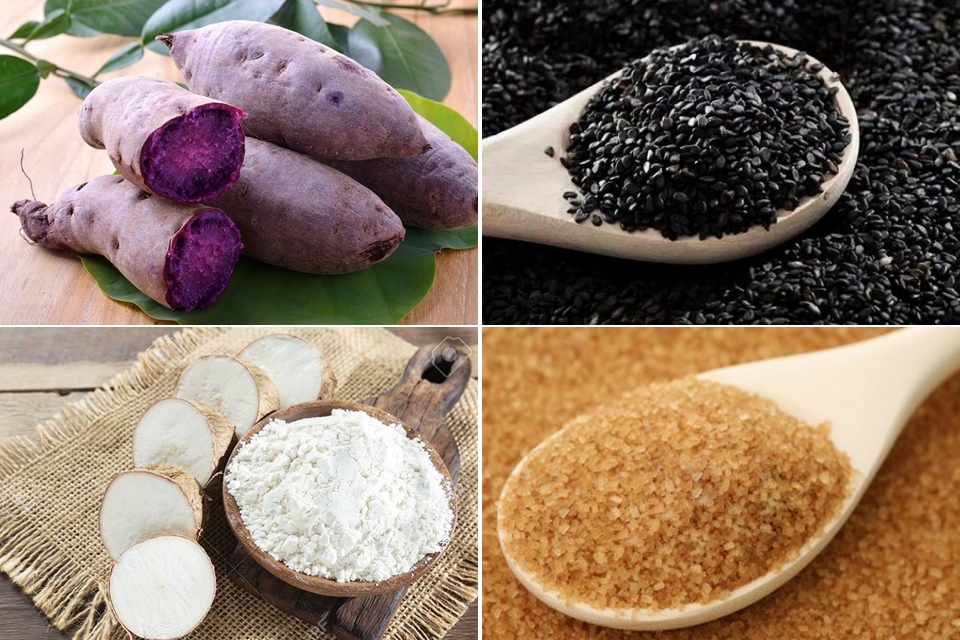 Nguyên liệu làm bánh khoai lang chiên phồng.