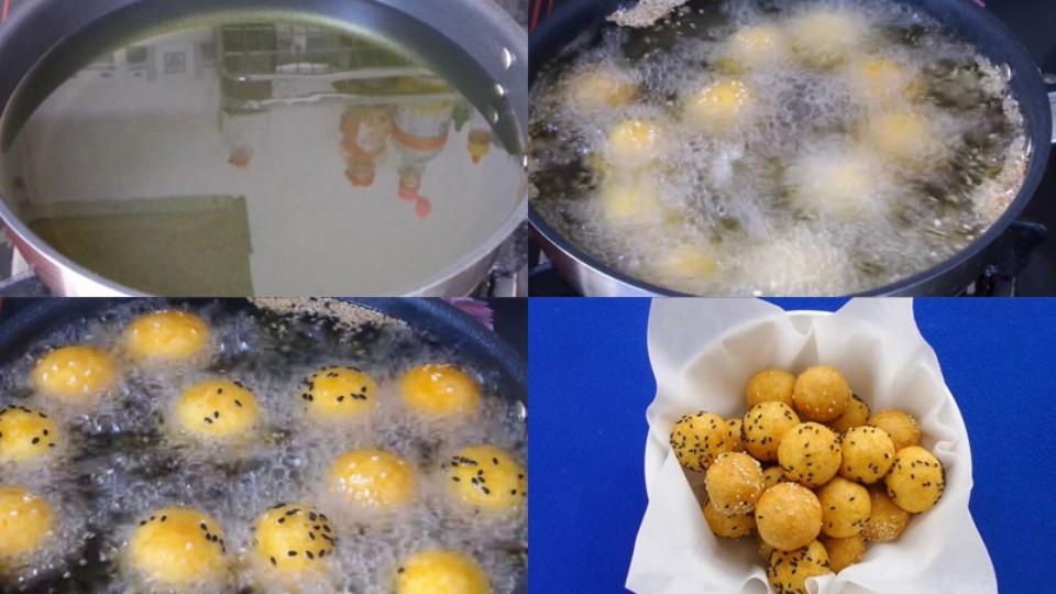 Tạo hình bánh và chiên bánh khoai lang.