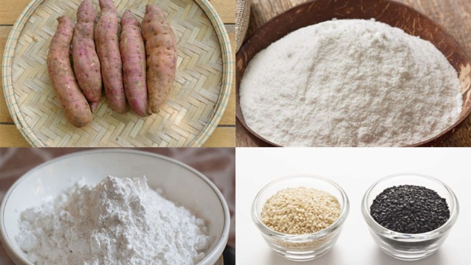 Nguyên liệu làm bánh khoai lang bong bóng chiên.
