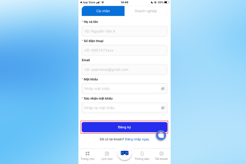 Nhấn vào nút Đăng ký