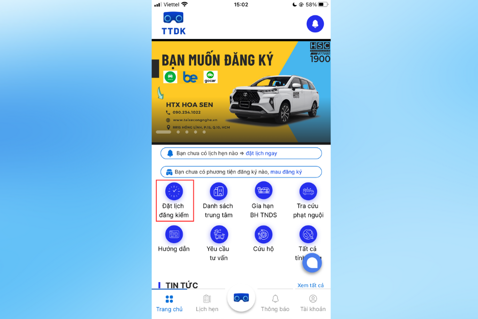 Nhấn vào mục Đặt lịch đăng kiểm