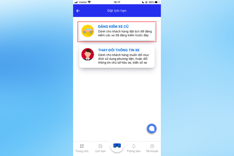 Nhấn vào mục Đăng kiểm xe cũ